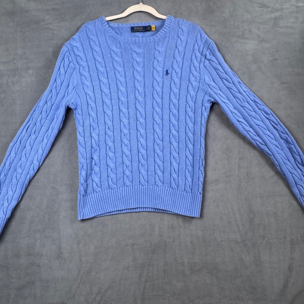 Polo Ralph Lauren Womens Cable Knit Crewneck Sweater Blue Embroidered Pony Large - Picture 2 of 8